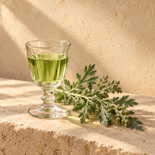 a small clear glass containing pale green absinthe-like liquid beside a wormwood sprig