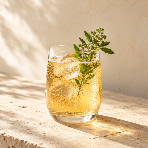 a simple unbranded clear glass of pale amber sparkling herbal soda with a small green herb sprig