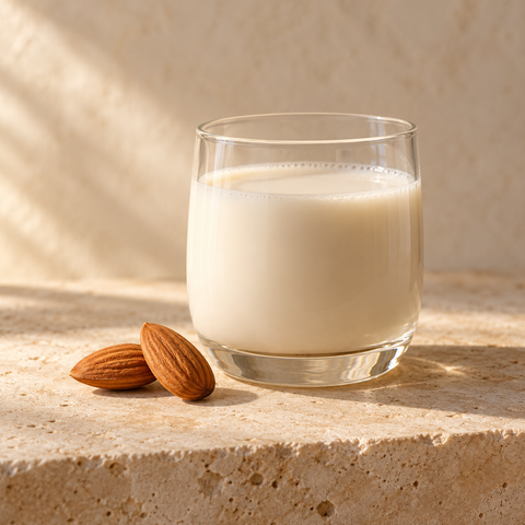 a small glass of almond milk beside two almonds
