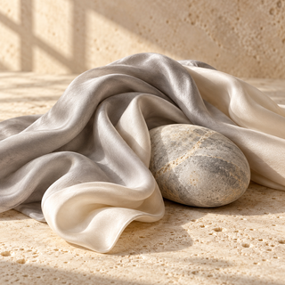 abstract soft grey and cream silk beside a smooth sea-washed stone, no animal materials