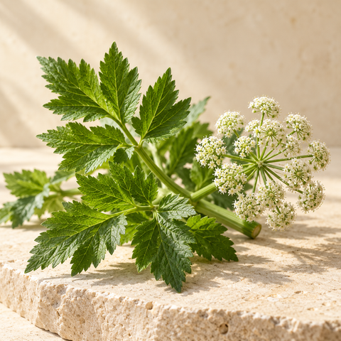 fresh angelica leaves and a small white umbel of blossoms