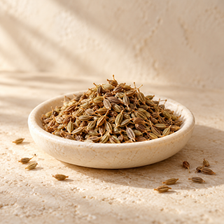 a small pile of anise seeds in a shallow ivory dish, no star anise
