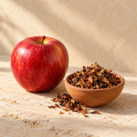 a red apple beside a small unlit terracotta bowl with loose tobacco leaves, no smoking apparatus