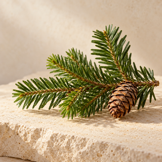 a short balsam fir branch with flat green needles and a small cone