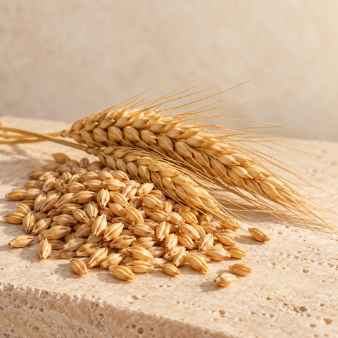 barley grains beside two barley ears