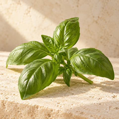 fresh basil leaves on a short stem