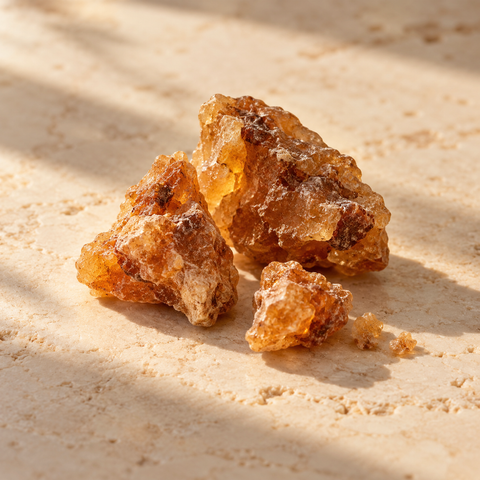 a few warm golden-brown benzoin resin pieces