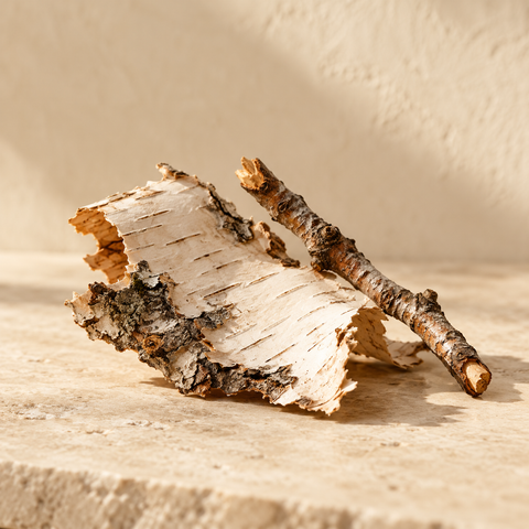 a small piece of birch bark and a short twig