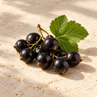 a small cluster of glossy dark black currants and one leaf