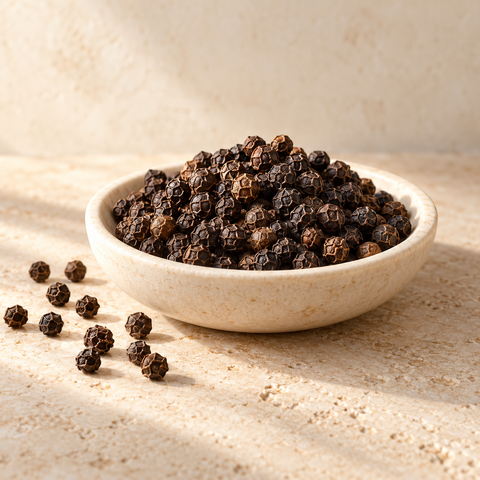 black peppercorns in a shallow ivory dish