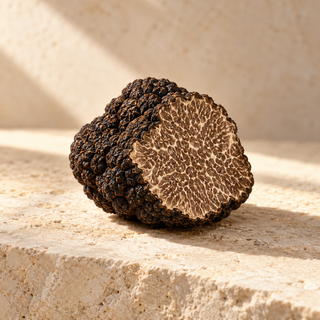 one black truffle cut to show its marbled interior