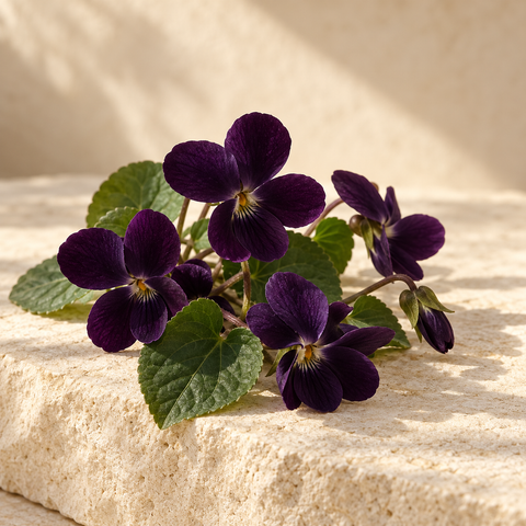 small very dark purple violet blossoms with heart-shaped leaves