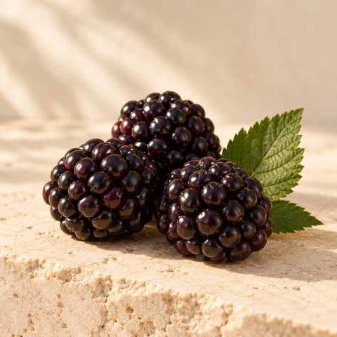three ripe dark blackberries and a small leaf