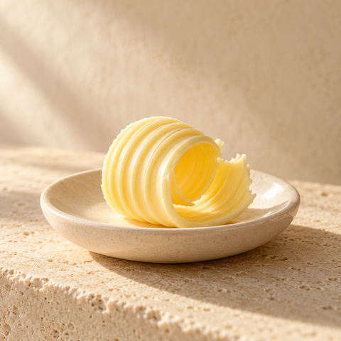 a small curl of pale yellow butter on an ivory dish
