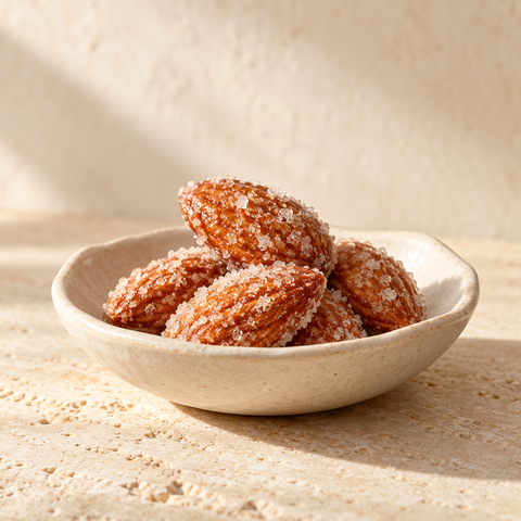 a few sugar-coated almonds in an ivory dish