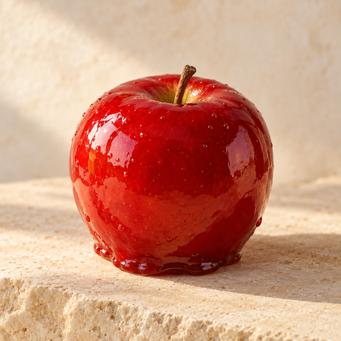 a red apple coated in a thin glossy red candy shell, no stick