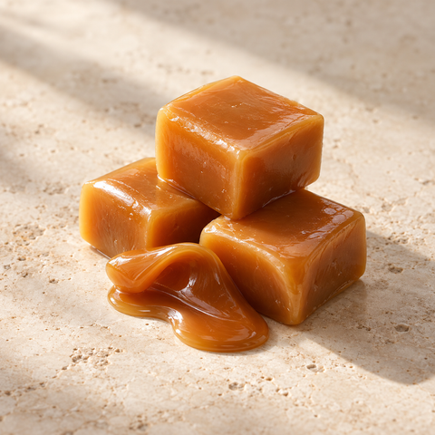 three golden caramel squares and a small glossy ribbon of caramel