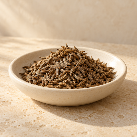 a small pile of curved caraway seeds in a shallow ivory dish