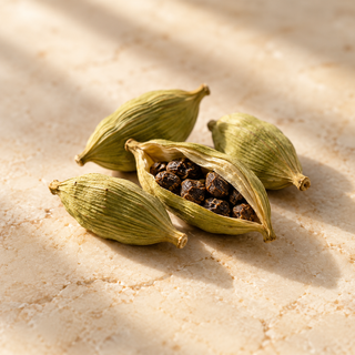 a few pale green cardamom pods with one open pod revealing dark seeds