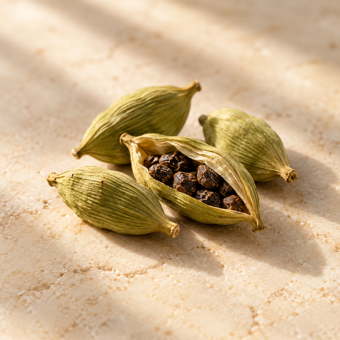 a few pale green cardamom pods with one open pod revealing dark seeds
