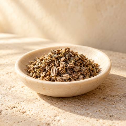 a small pile of carrot seeds in an ivory dish