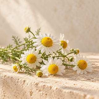 small chamomile flowers with white petals and yellow domed centers