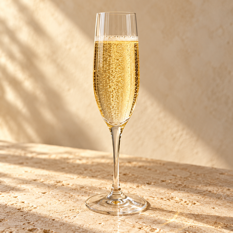 a clear champagne flute with pale golden sparkling liquid, no bottle