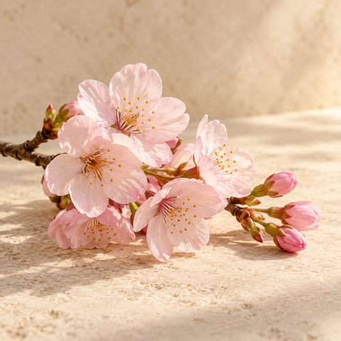 a short branch of pale pink cherry blossoms