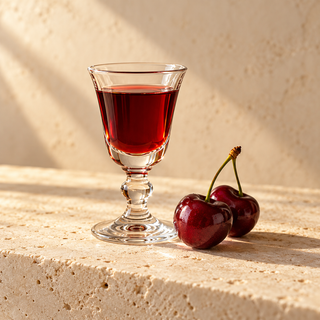 a small clear liqueur glass with deep red liquid beside two cherries