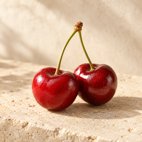 two ripe red cherries on stems