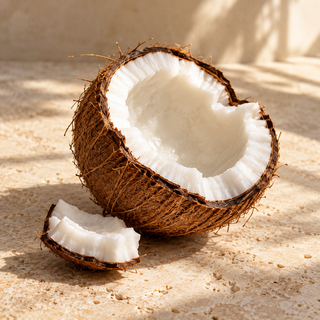 a cracked coconut with white flesh and a small piece of shell