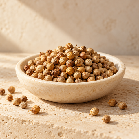 whole coriander seeds in a shallow ivory dish