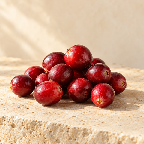 a handful of glossy red cranberries