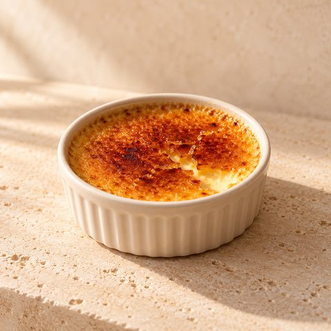 a small creme brulee with a cracked caramelized sugar surface
