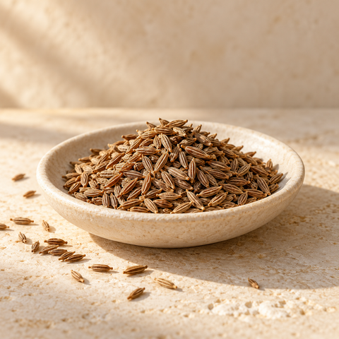 a small pile of cumin seeds in a shallow ivory dish