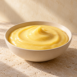 smooth pale yellow custard in a shallow ivory dish