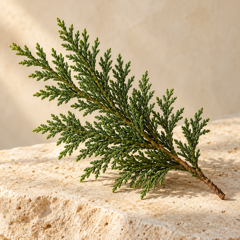 a small cypress branch with fine scale-like foliage