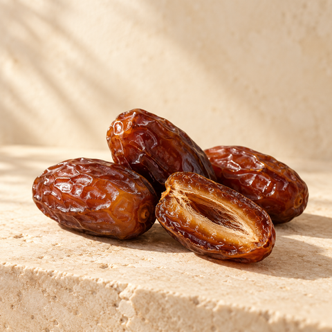 three glossy brown dates and one cut open