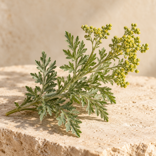 a small sprig of davana with delicate silver-green leaves