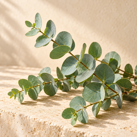 a few eucalyptus stems with rounded blue-green leaves