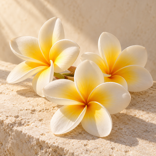 three cream and yellow frangipani blossoms