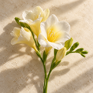 a delicate stem of white and pale yellow freesia flowers