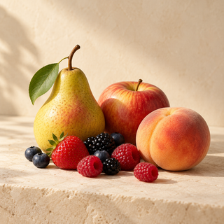 a small still life of pear, apple, peach and berries