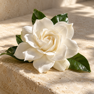 one creamy white gardenia flower with glossy dark green leaves