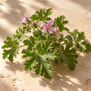 scented geranium leaves with a few small pink flowers