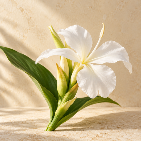 a white ginger lily flower on a green stem