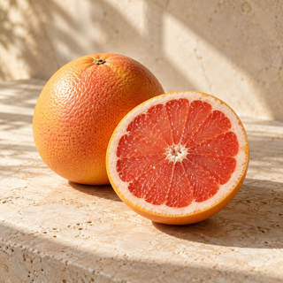 a whole grapefruit and a sliced half with pink flesh