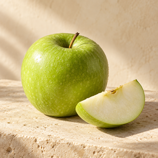 a green apple with one cut wedge