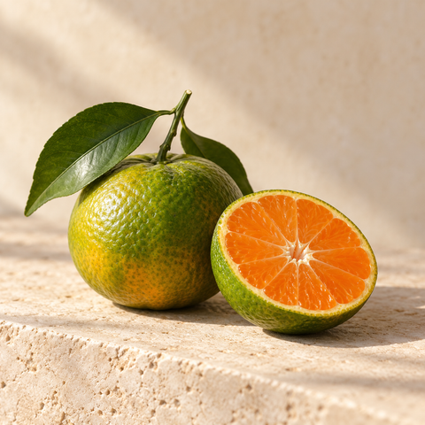 A green-skinned mandarin with a cut half, illustrating Calabrian Green Mandarin.
