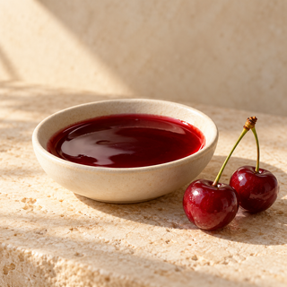 a shallow ivory dish of deep red cherry syrup beside two sour cherries